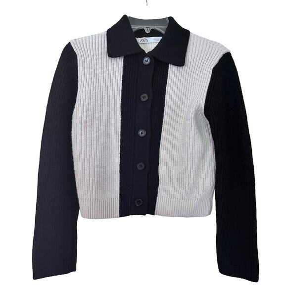 Zara Black White Ribbed Knit Collared Button Front Colorblock Cardigan Sweater S - Picture 3 of 10